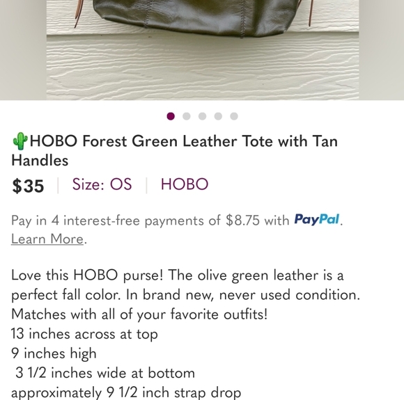 HOBO Olive Green Tote Bag with Brown Handles - Picture 2 of 2